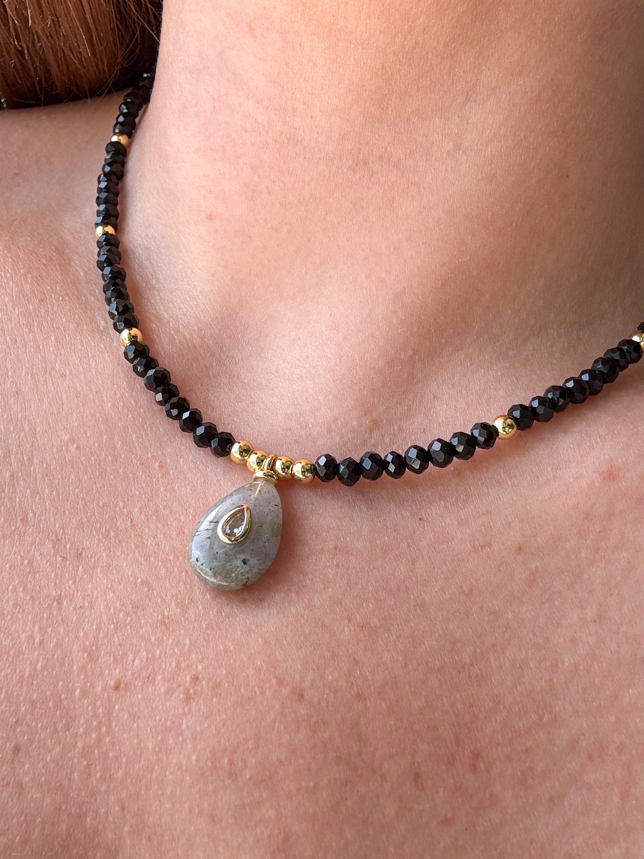 Gray Moonstone Charm in Black Crystal Necklace
