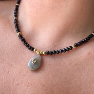 Gray Moonstone Charm in Black Crystal Necklace