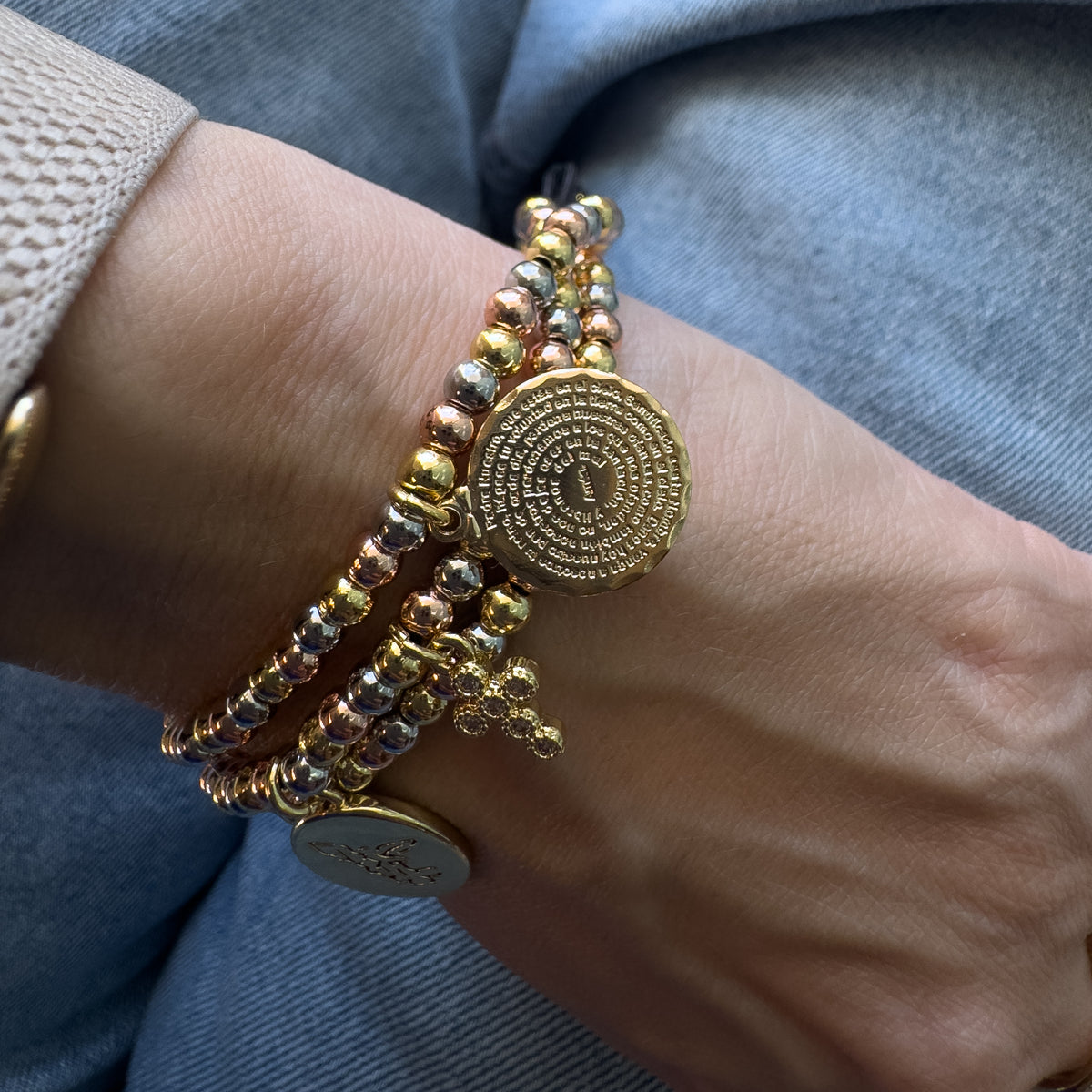 St Miguel Religious Charms in 3 Gold Adjustable Bracelet