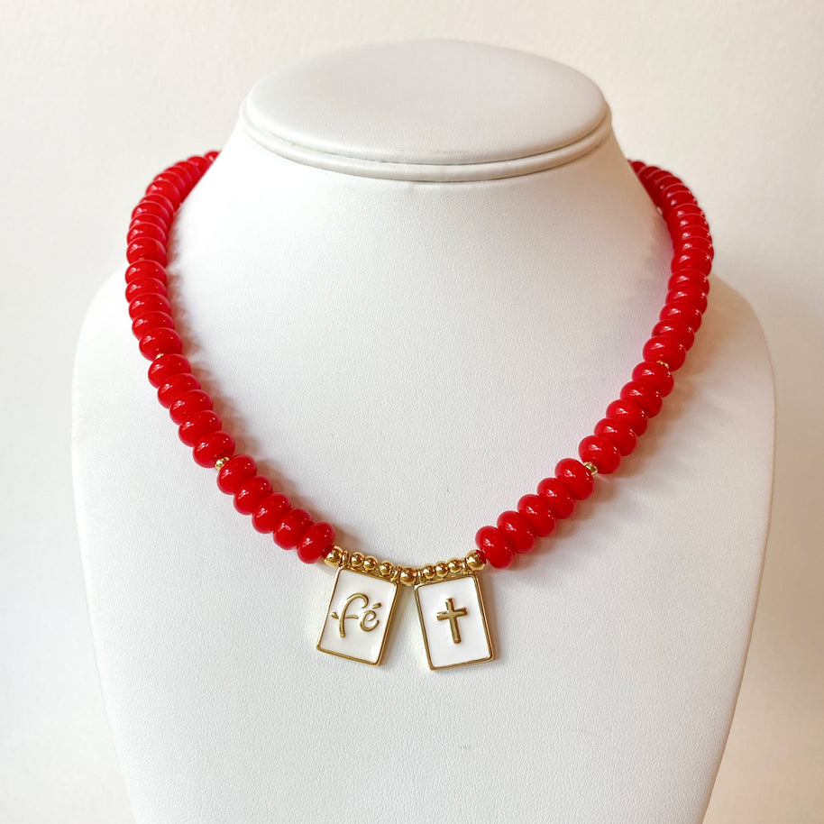 Red Morganite Faith and Cross Scapular Necklace
