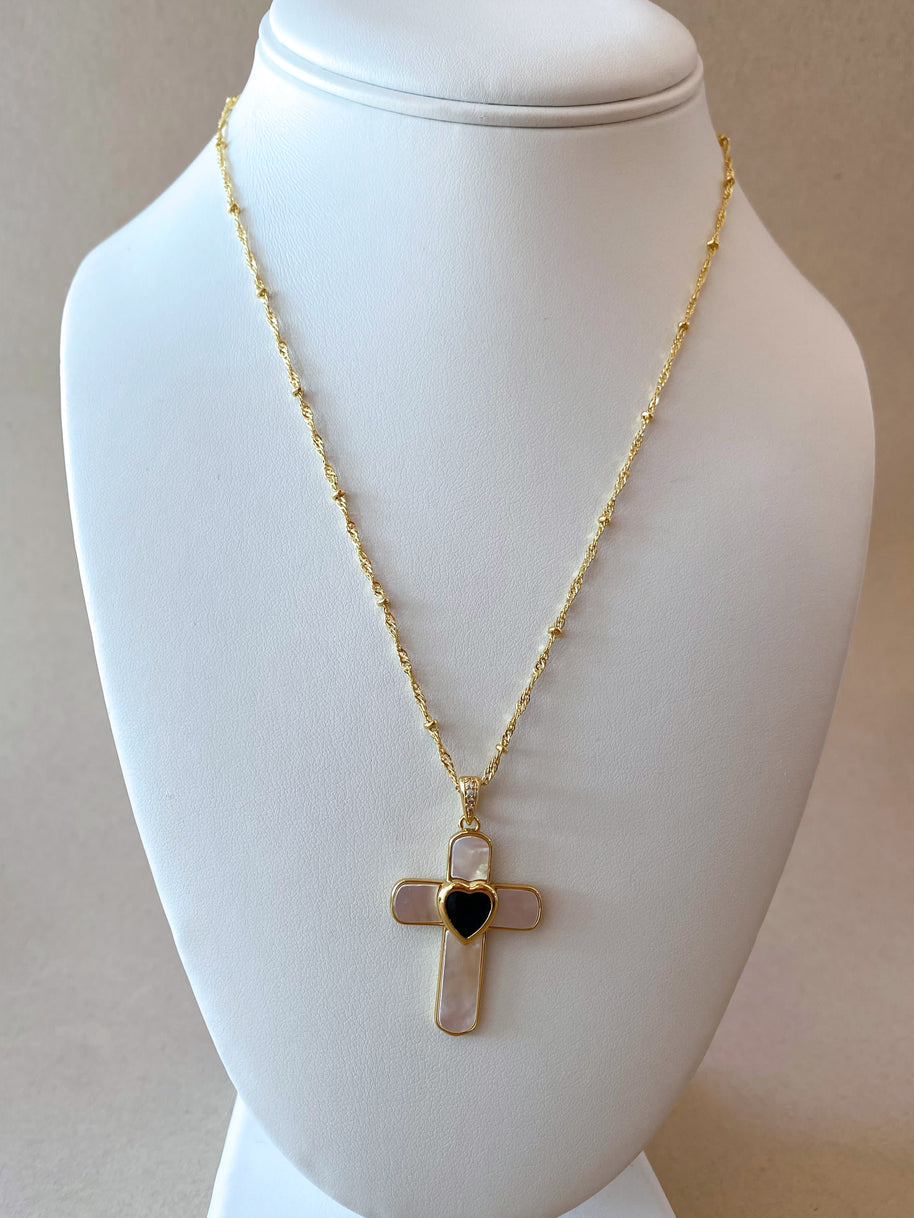 Mother of Pearl and Crystal Heart Cross Necklace