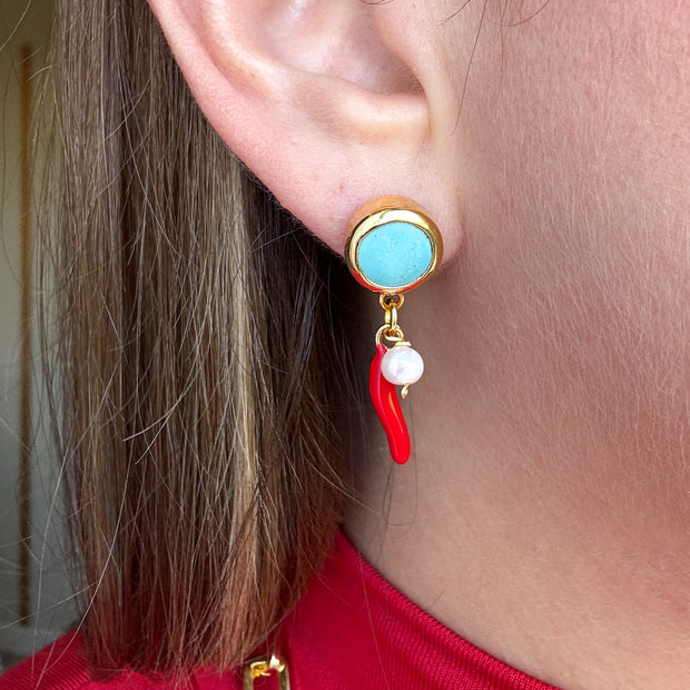 Red Cornicello & Blue Pearl Earrings