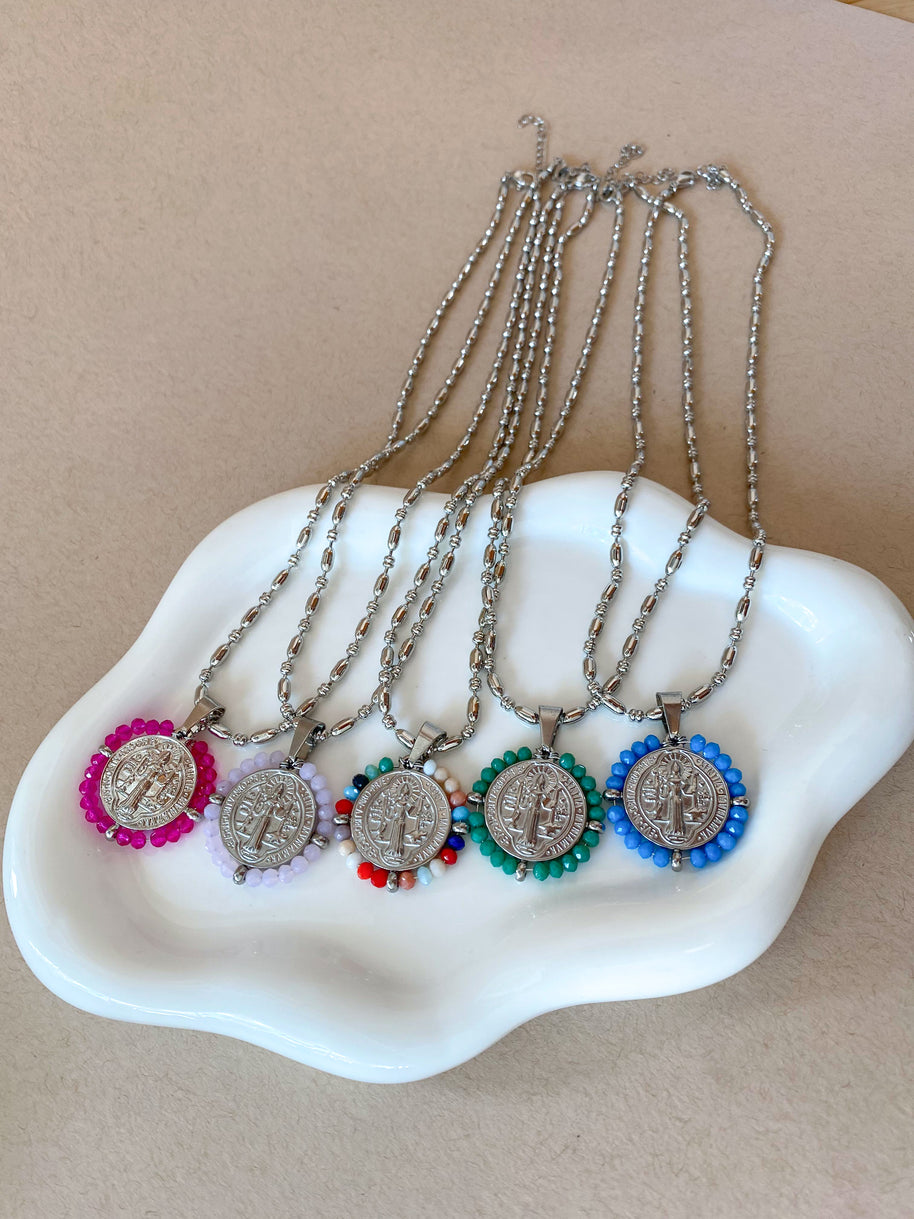 Silver St. Benedict Crystal Medal Necklaces