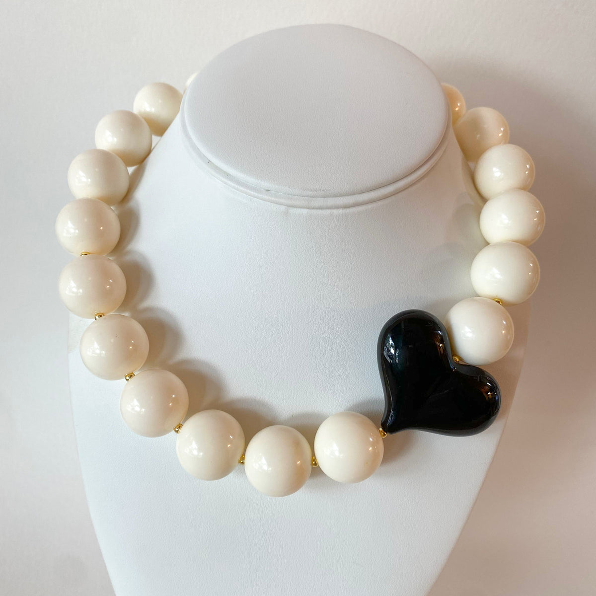 Acrylic White Gumball Bead with Black Heart Necklace