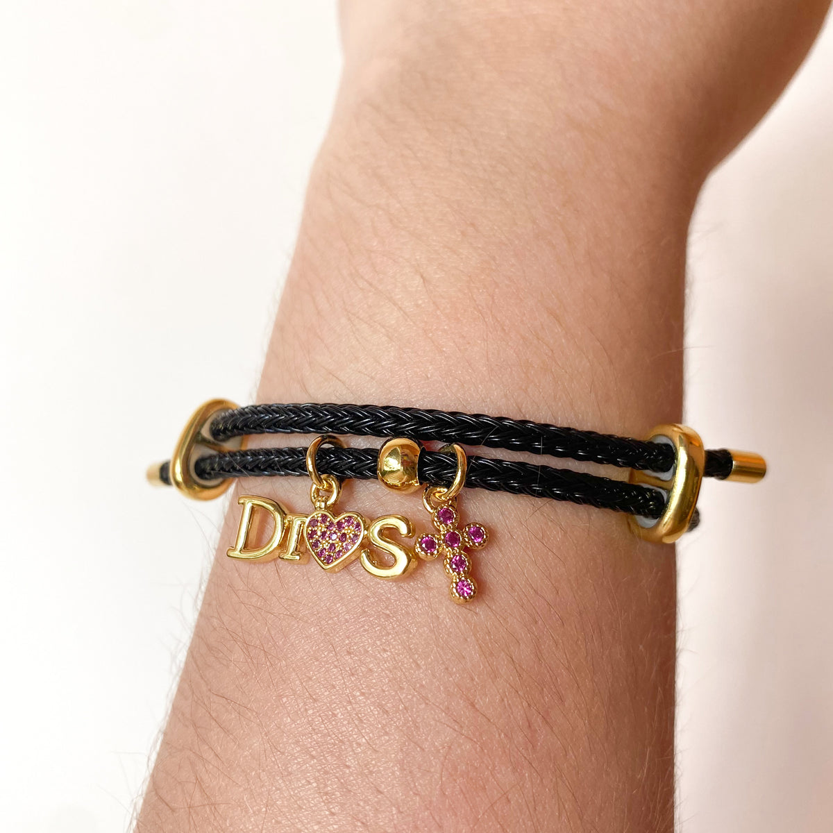 Dios and Crystal Mini Cross Pink in Black Cord Adjustable Bracelet