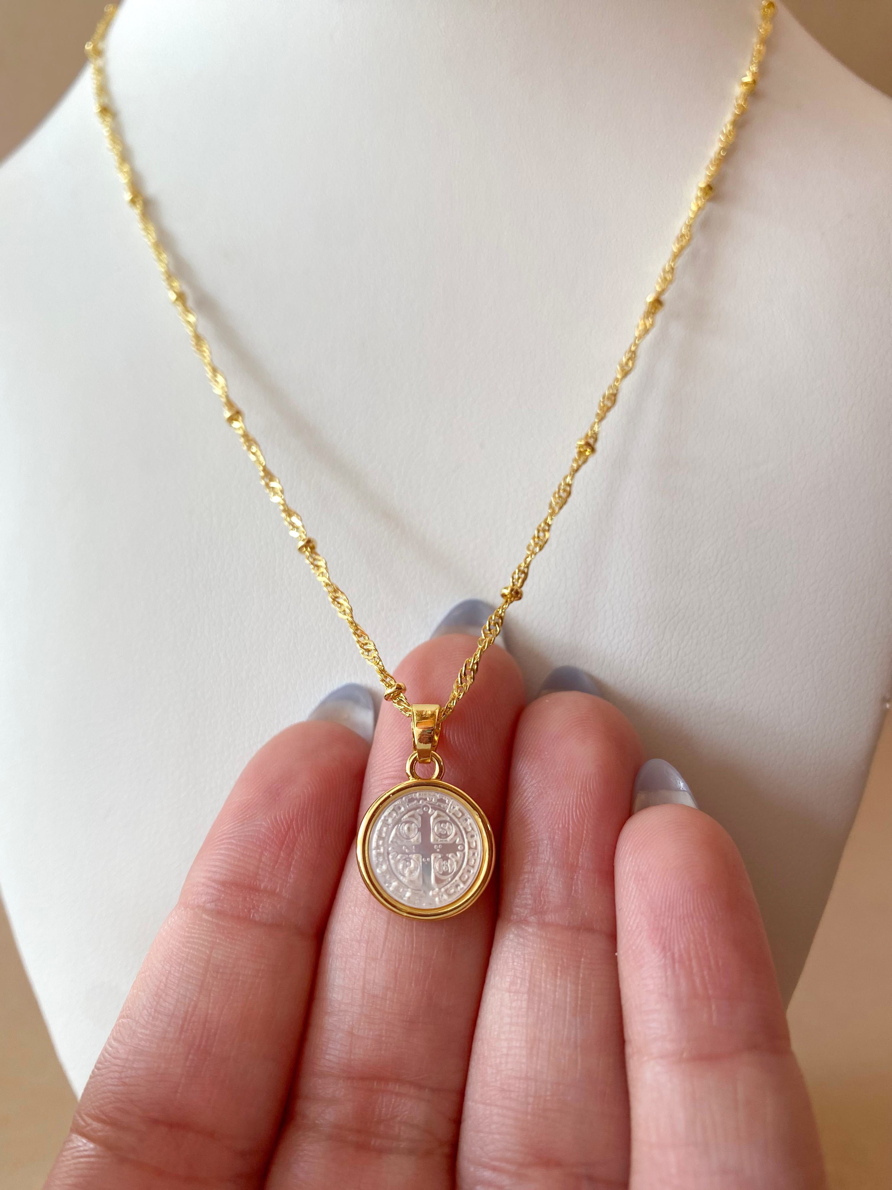 St. Benedict Medal Mother of Pearl Necklace