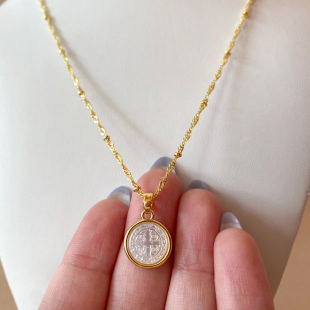 St. Benedict Medal Mother of Pearl Necklace