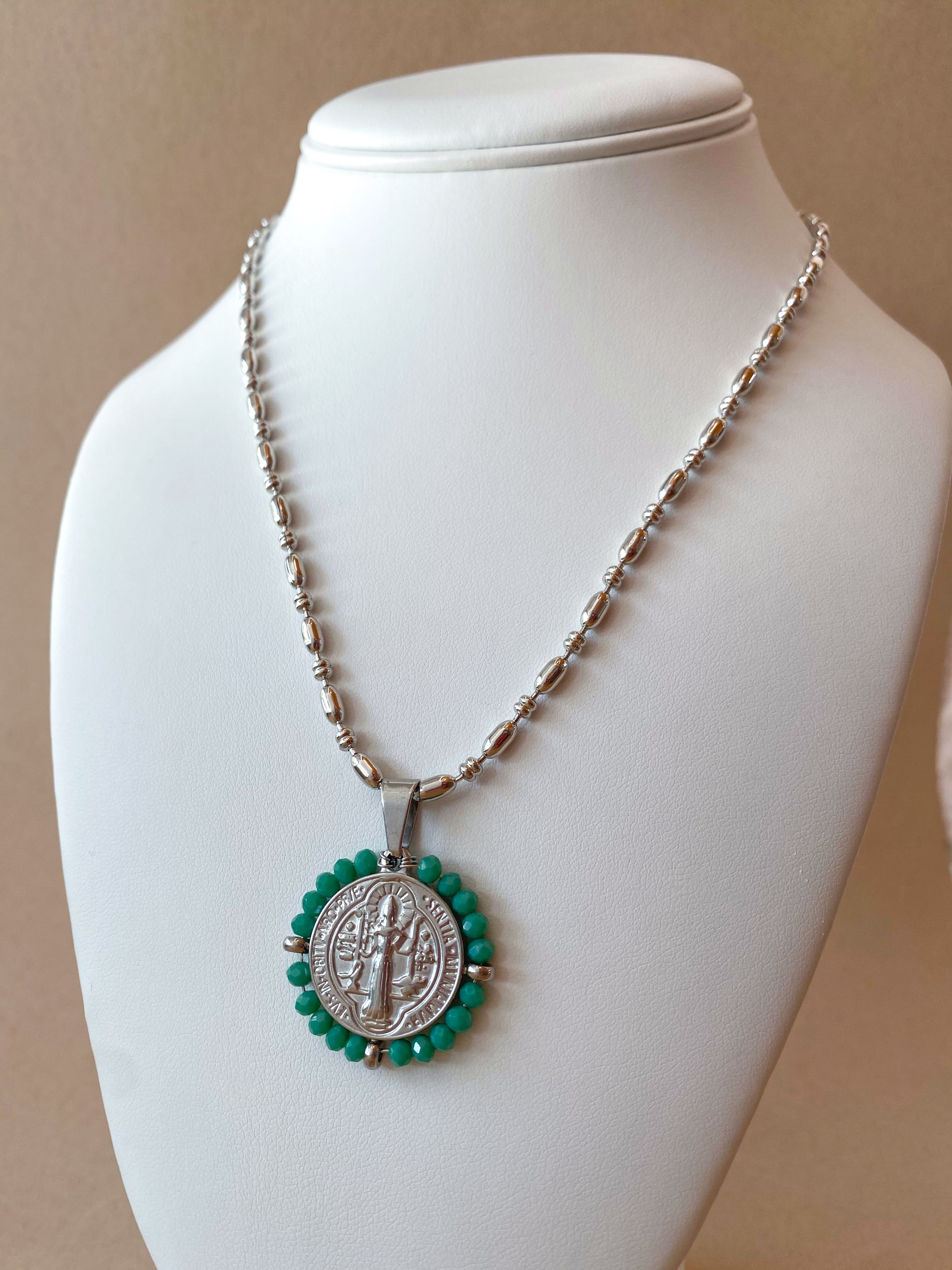 Silver St. Benedict Crystal Medal Necklaces