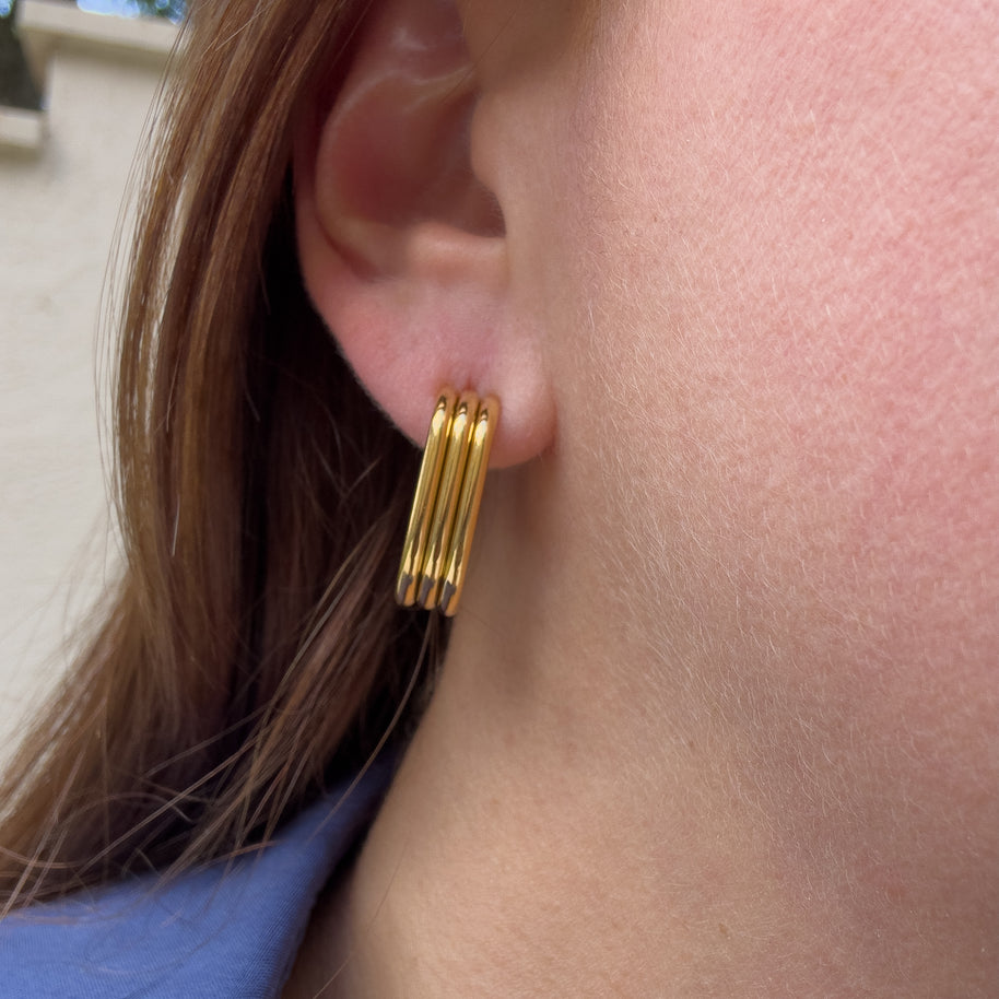Triple Lines Medium Bar Golden Steel Earrings
