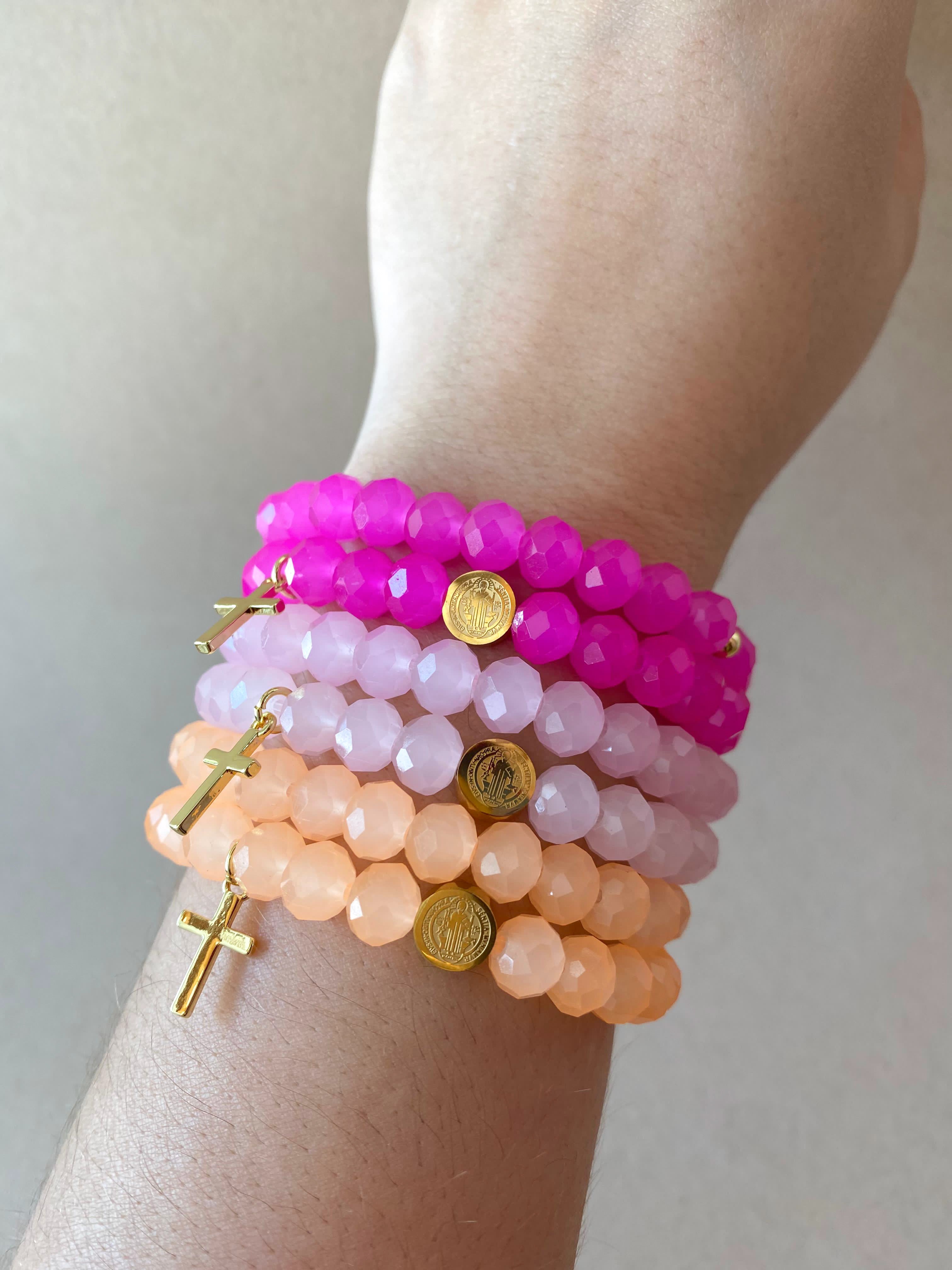 Rosary Style Pink and Orange Crystals Bracelets