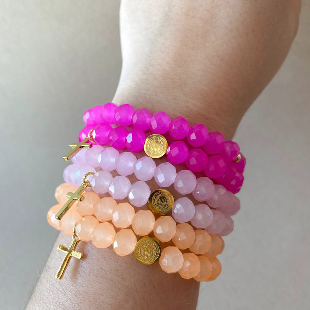 Rosary Style Pink and Orange Crystals Bracelets