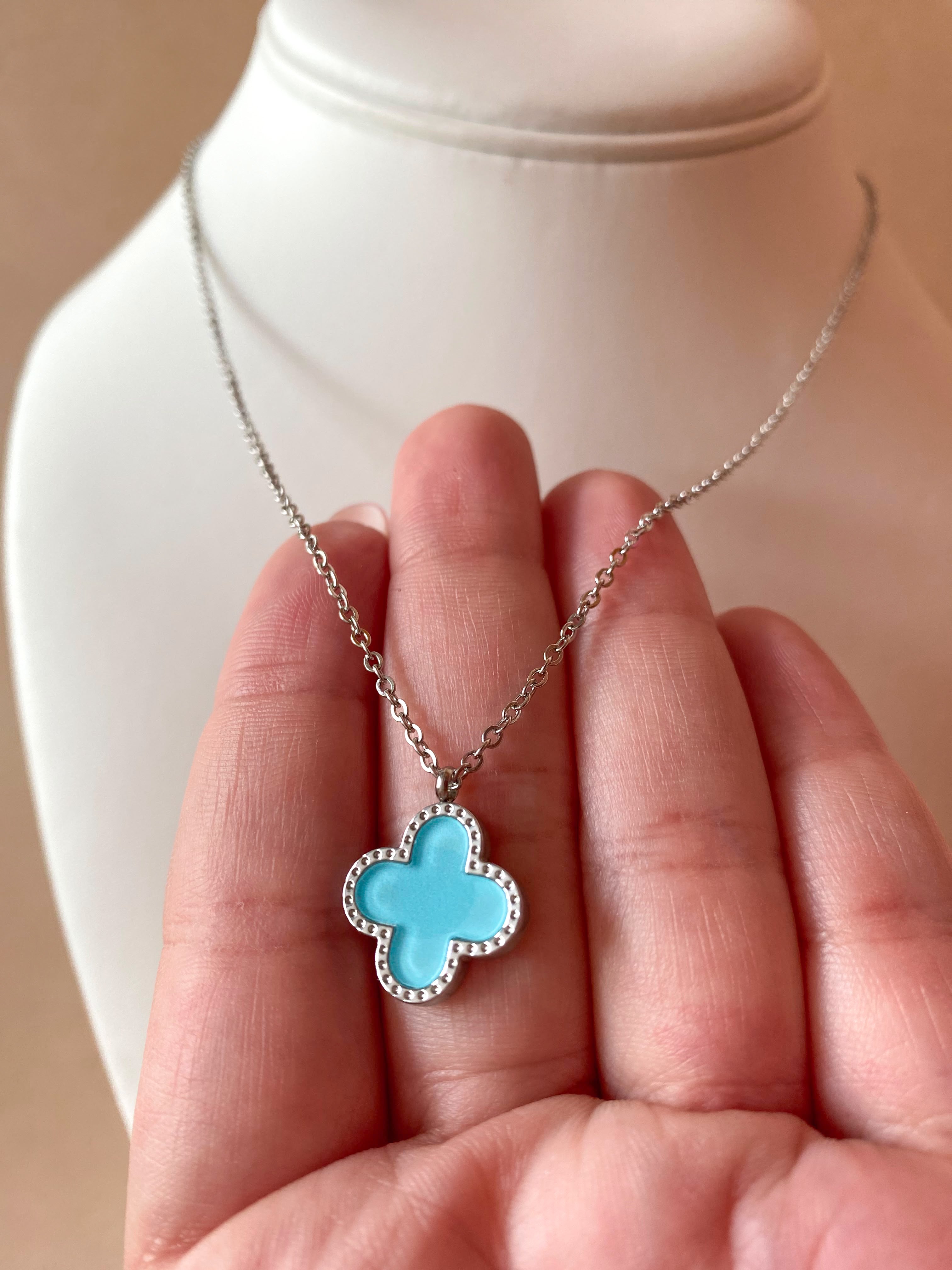 Silver Steel Blue Clover Necklace