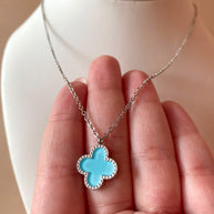 Silver Steel Blue Clover Necklace