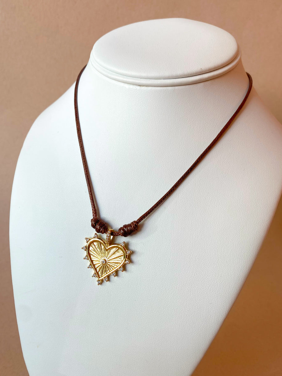 Golden Shiny Medium Heart Brown Leather Adjustable Necklace