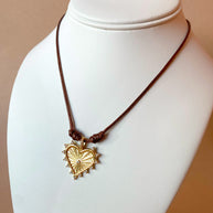 Golden Shiny Medium Heart Brown Leather Adjustable Necklace