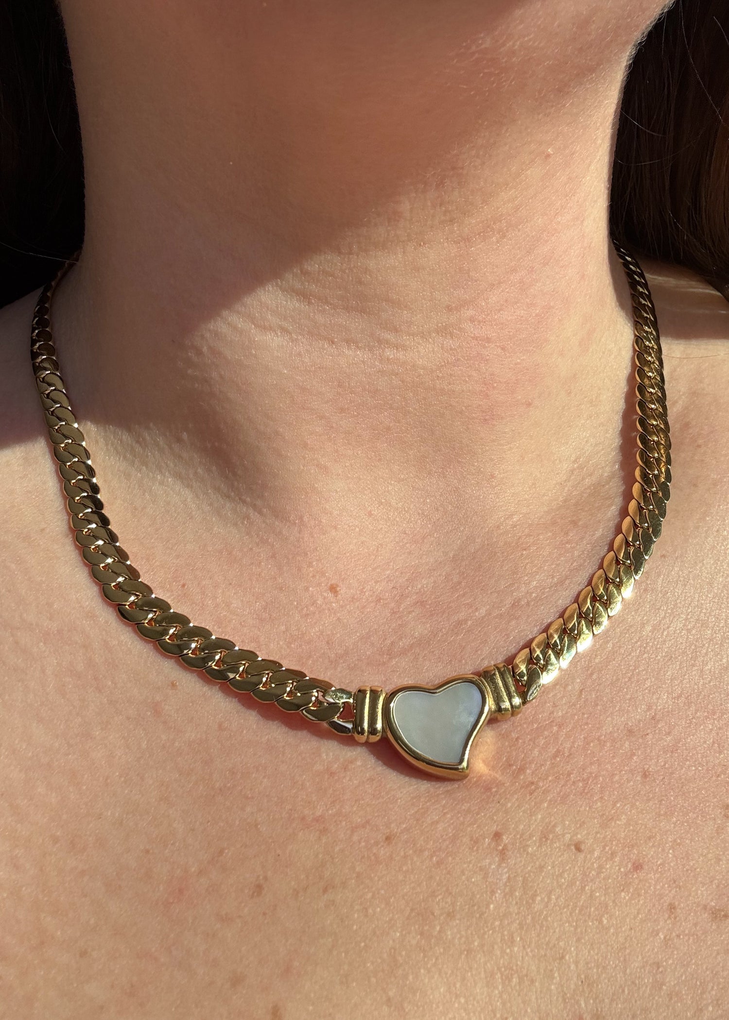 Golden Thick Mother Of Pearl Heart Necklace