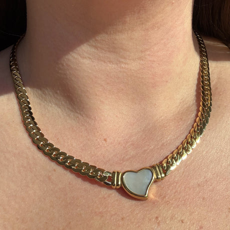 Golden Thick Mother Of Pearl Heart Necklace