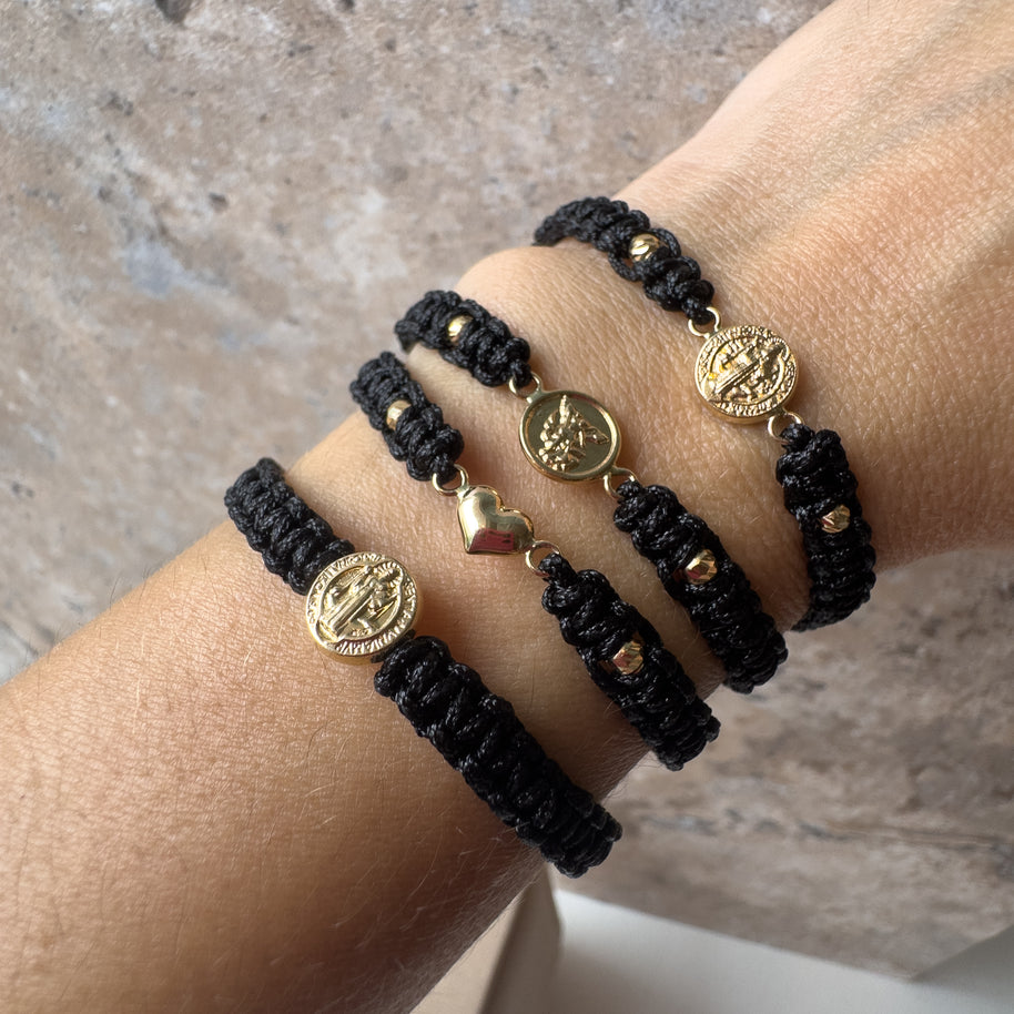St Bendict 18K Solid Gold in Black String Bracelet