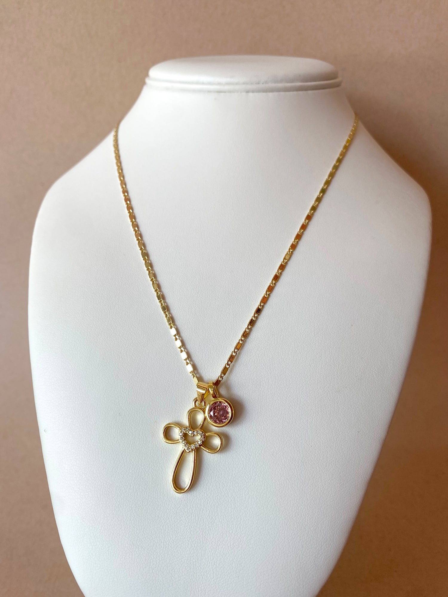 Cross and Pink Crystal Necklace