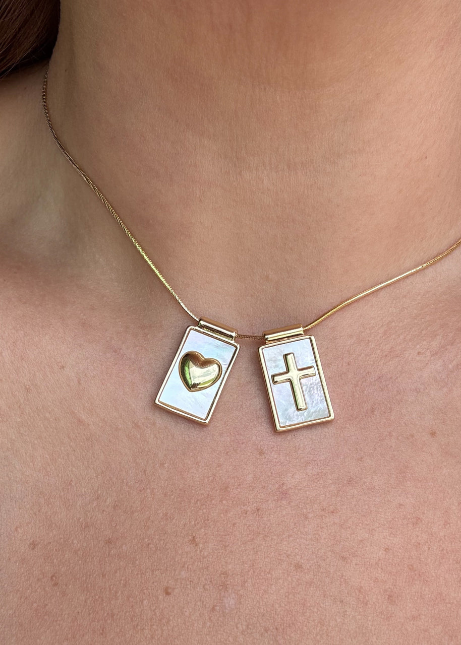 Cross and Heart Mother of Pearl Scapular Adjustable Necklace