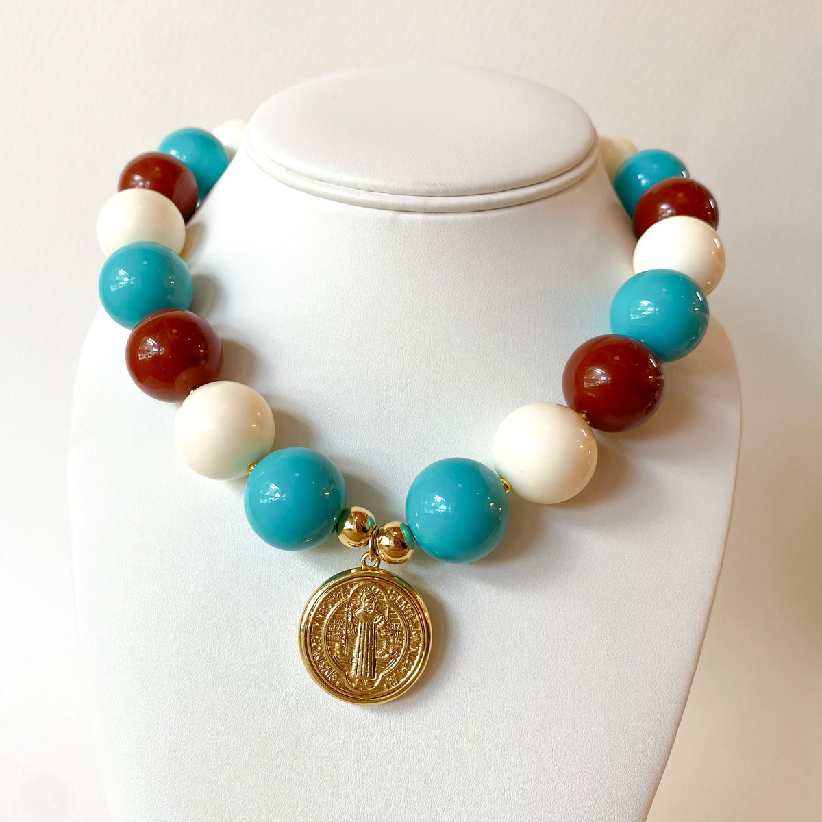 Turquoise, Brown and White St Benedict Big Beads Acrylic Necklace