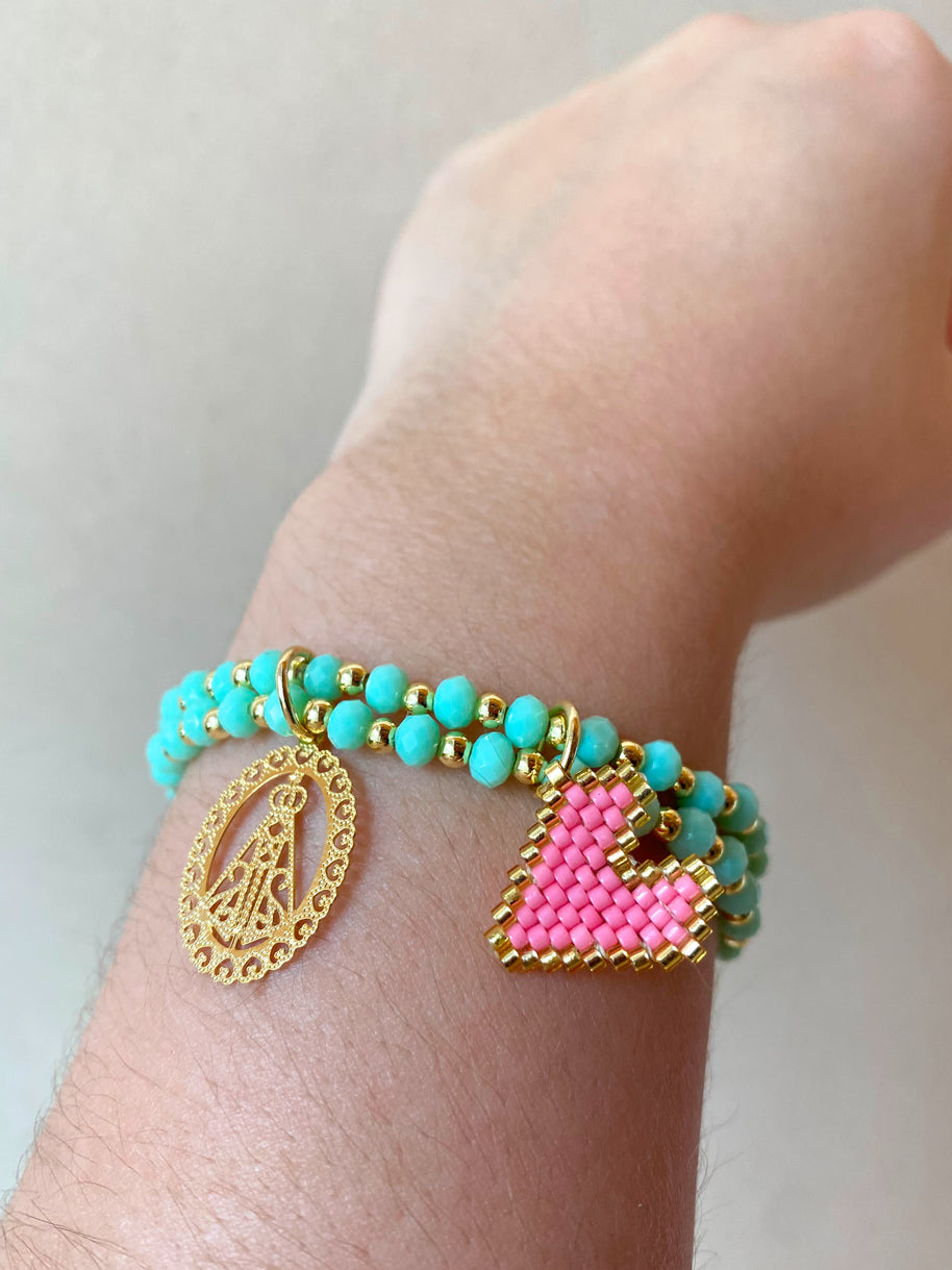 Virgin of the Valley Heart Miyuki Aquamarine Elastic Bracelet