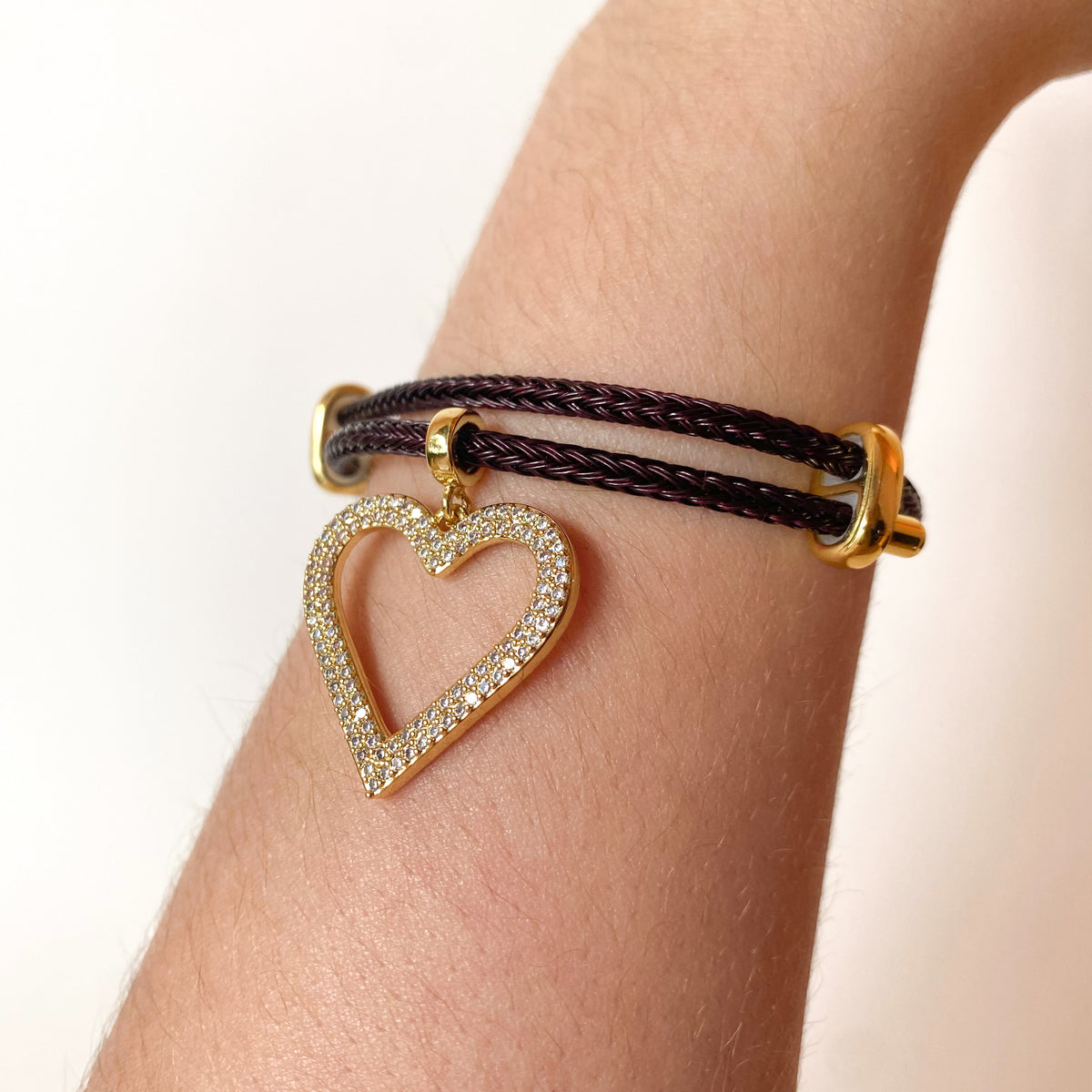 Dark Brown Cord with Shiny Heart Adjustable Bracelet