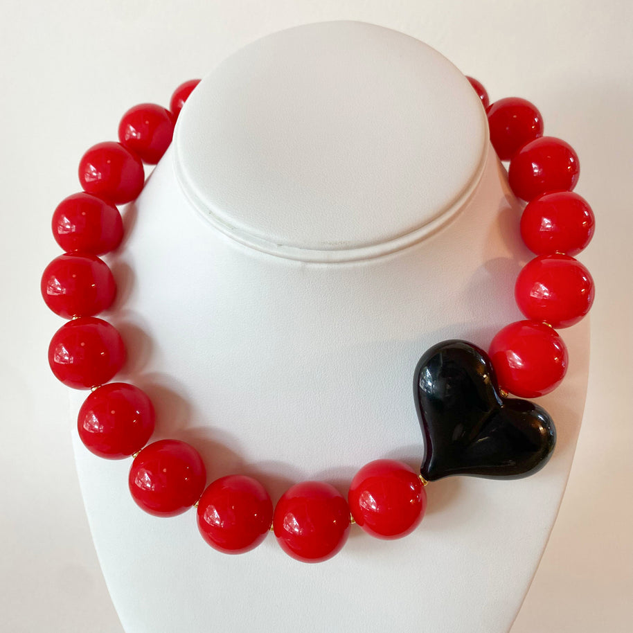 Acrylic Red Gumball Bead with Black Heart Necklace