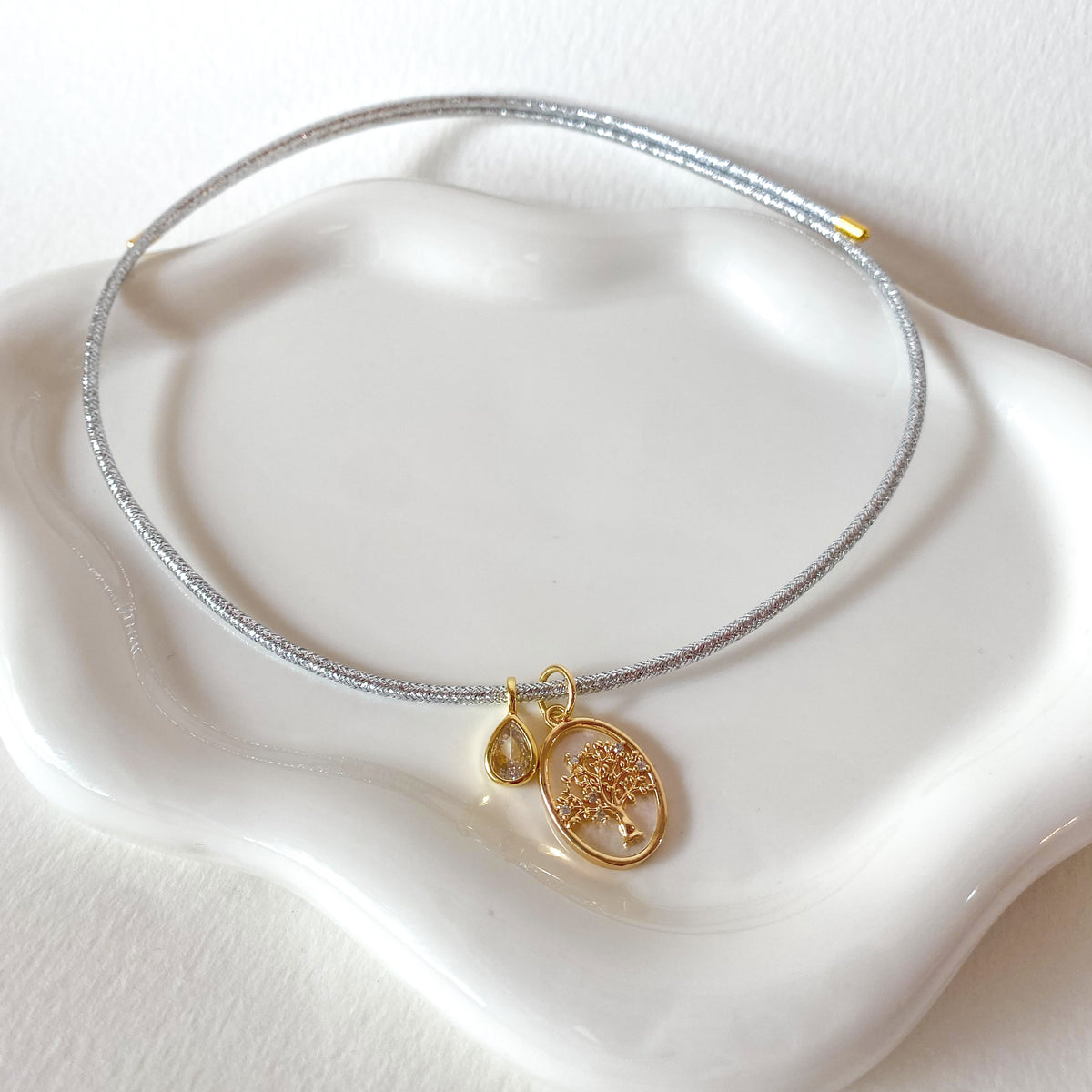 Adjustable Shiny Silver Magnetic Cord Tree of Life and Clear Drop Crystal Bracelet/Necklace