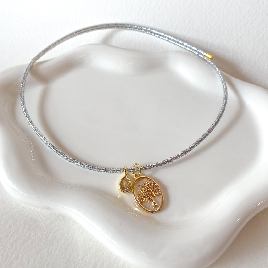 Adjustable Shiny Silver Magnetic Cord Tree of Life and Clear Drop Crystal Bracelet/Necklace
