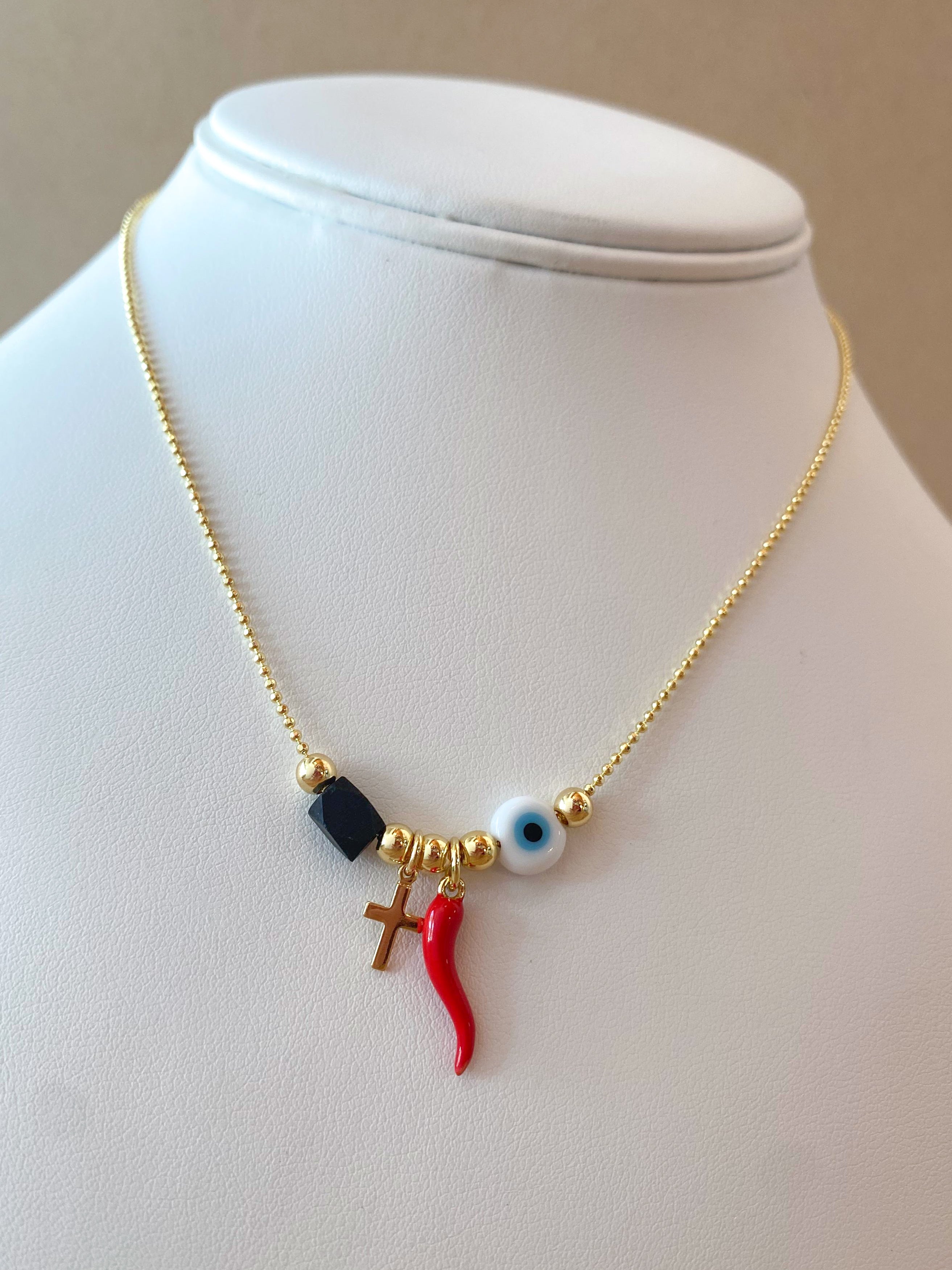 Liitle Cross, Red Horn, Evil Eye and Azabache Style Necklace