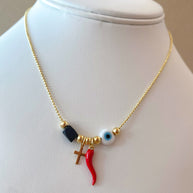 Liitle Cross, Red Horn, Evil Eye and Azabache Style Necklace