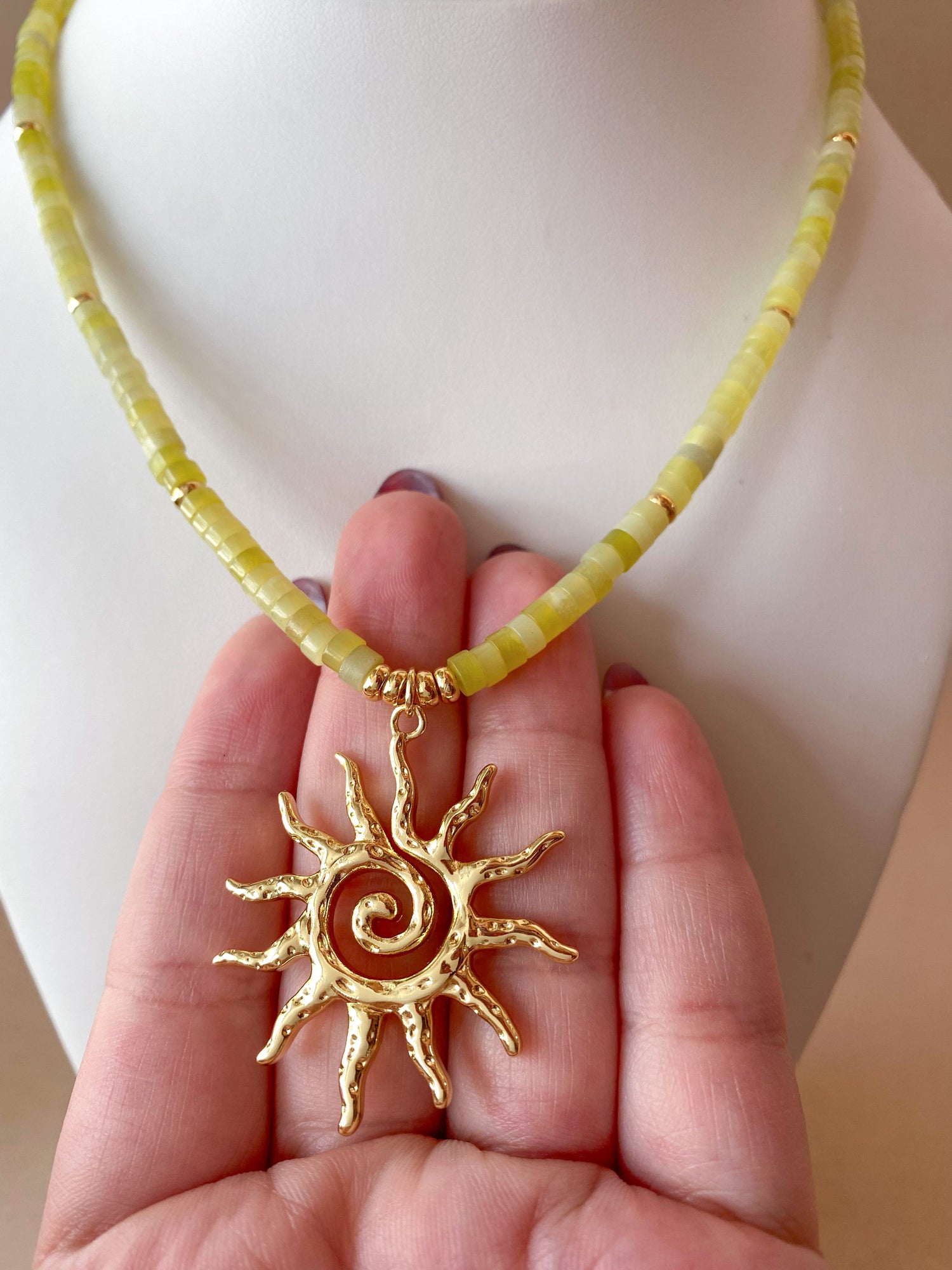 Golden Sun in a Serpentine Jade Necklace