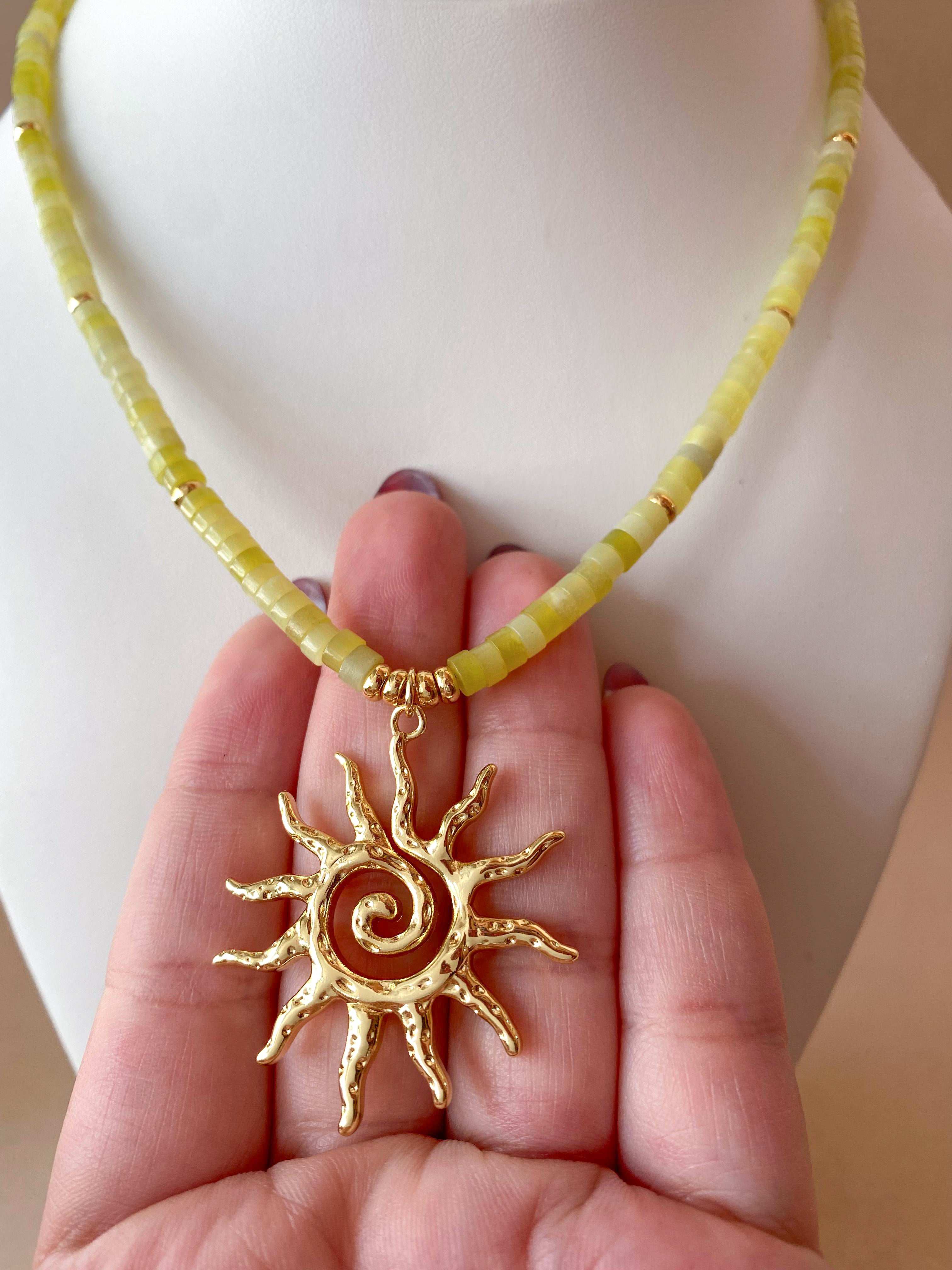 Golden Sun in a Serpentine Jade Necklace