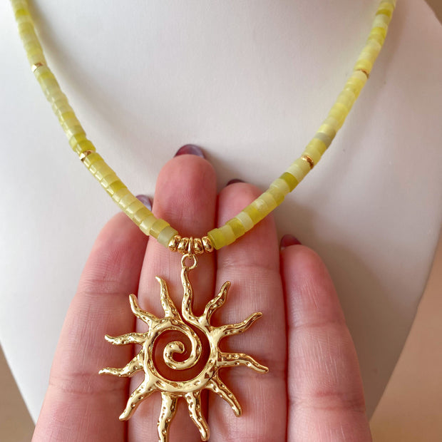 Golden Sun in a Serpentine Jade Necklace