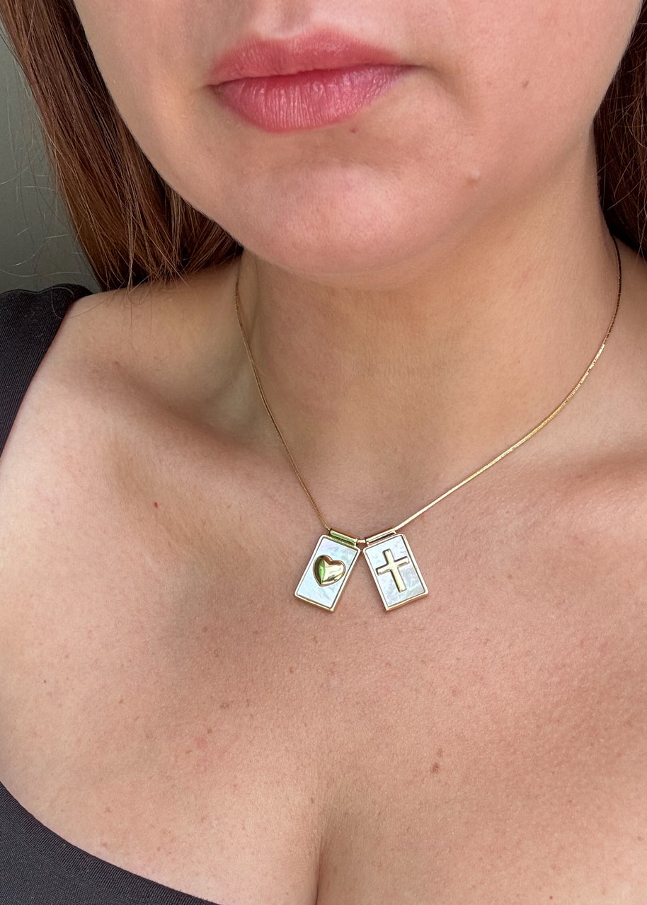 Cross and Heart Mother of Pearl Scapular Adjustable Necklace