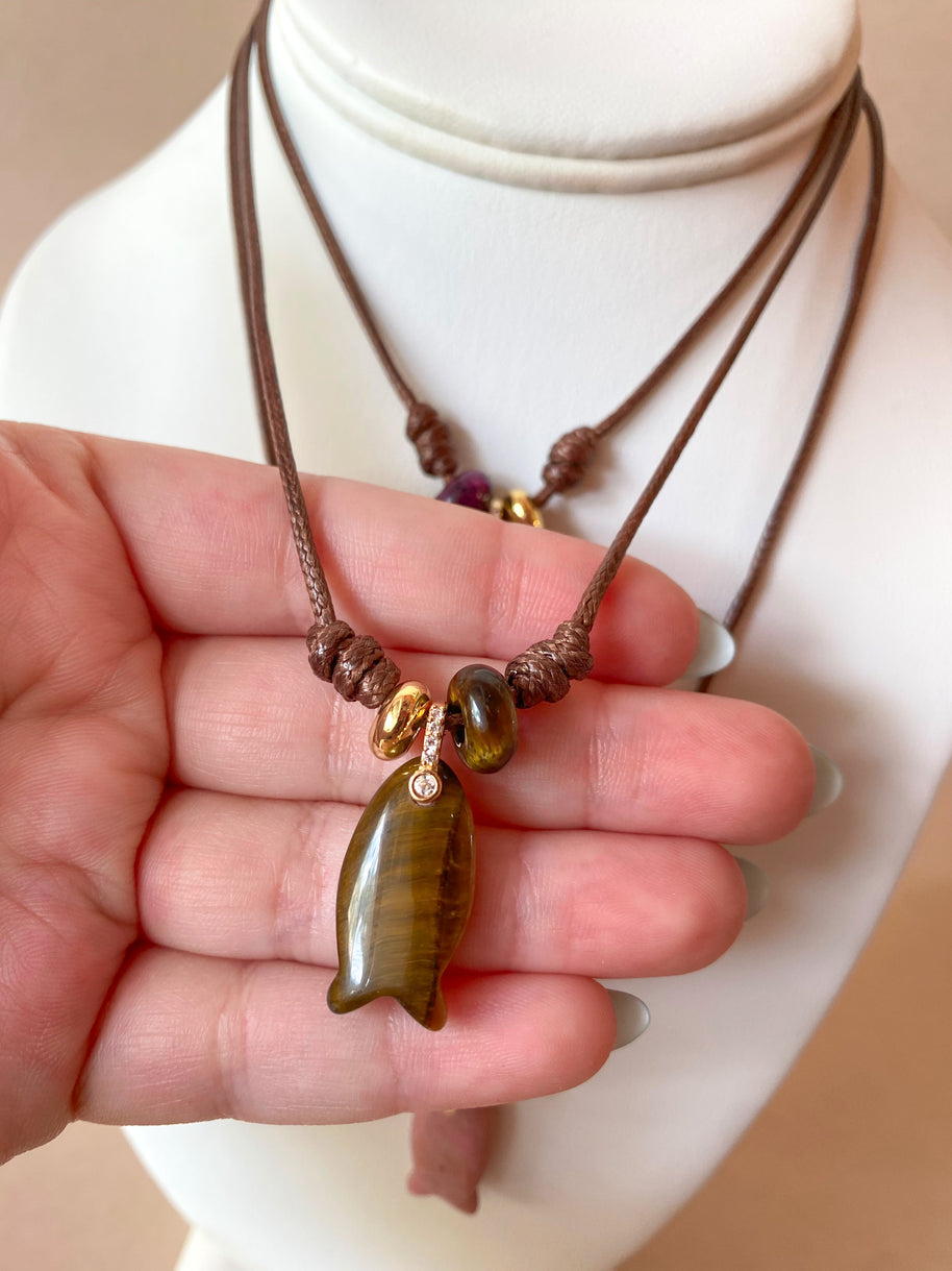 Gemstones Fish Charms and Turkish Leather Necklace