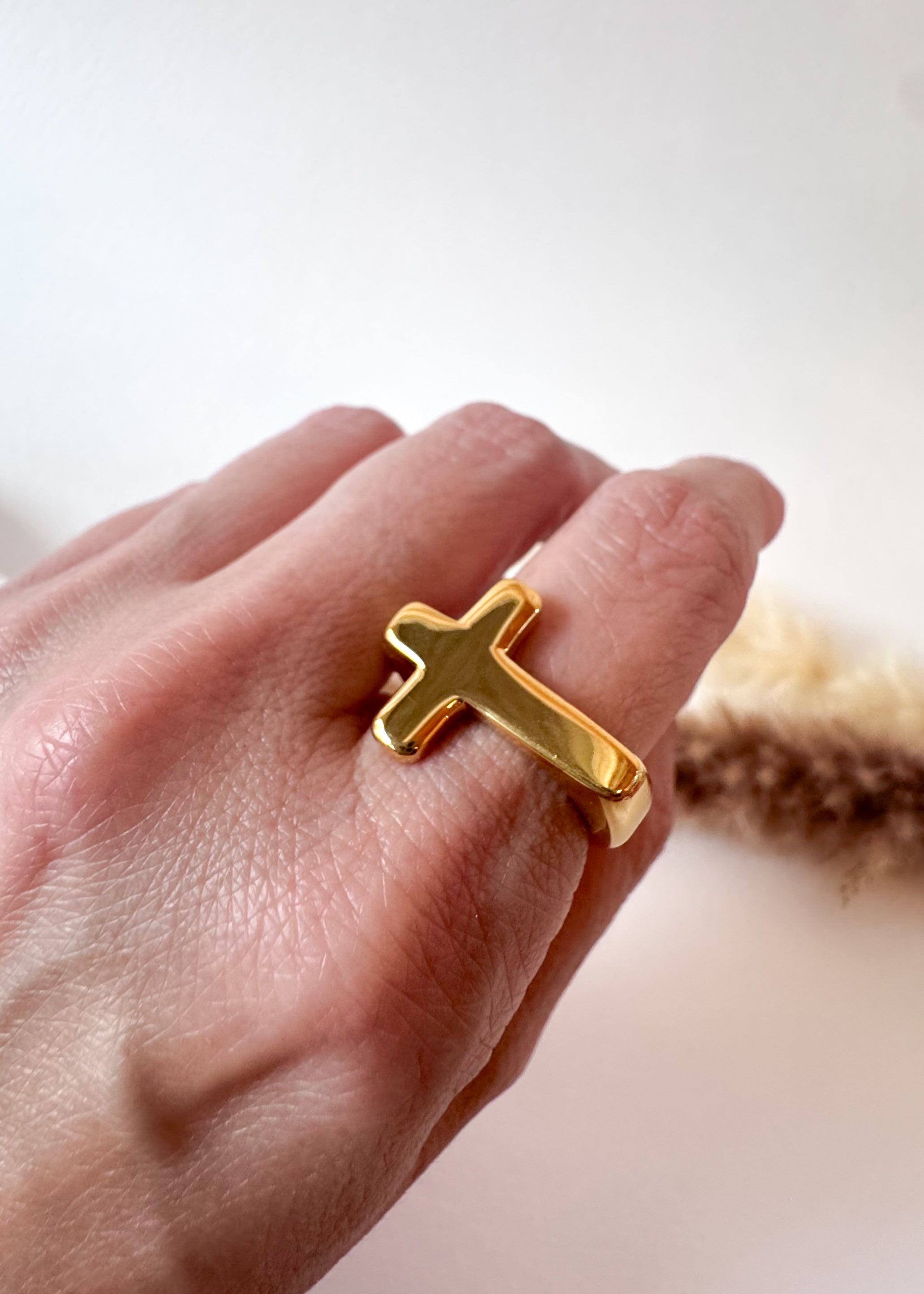 Golden Steel Cross Shape Ring