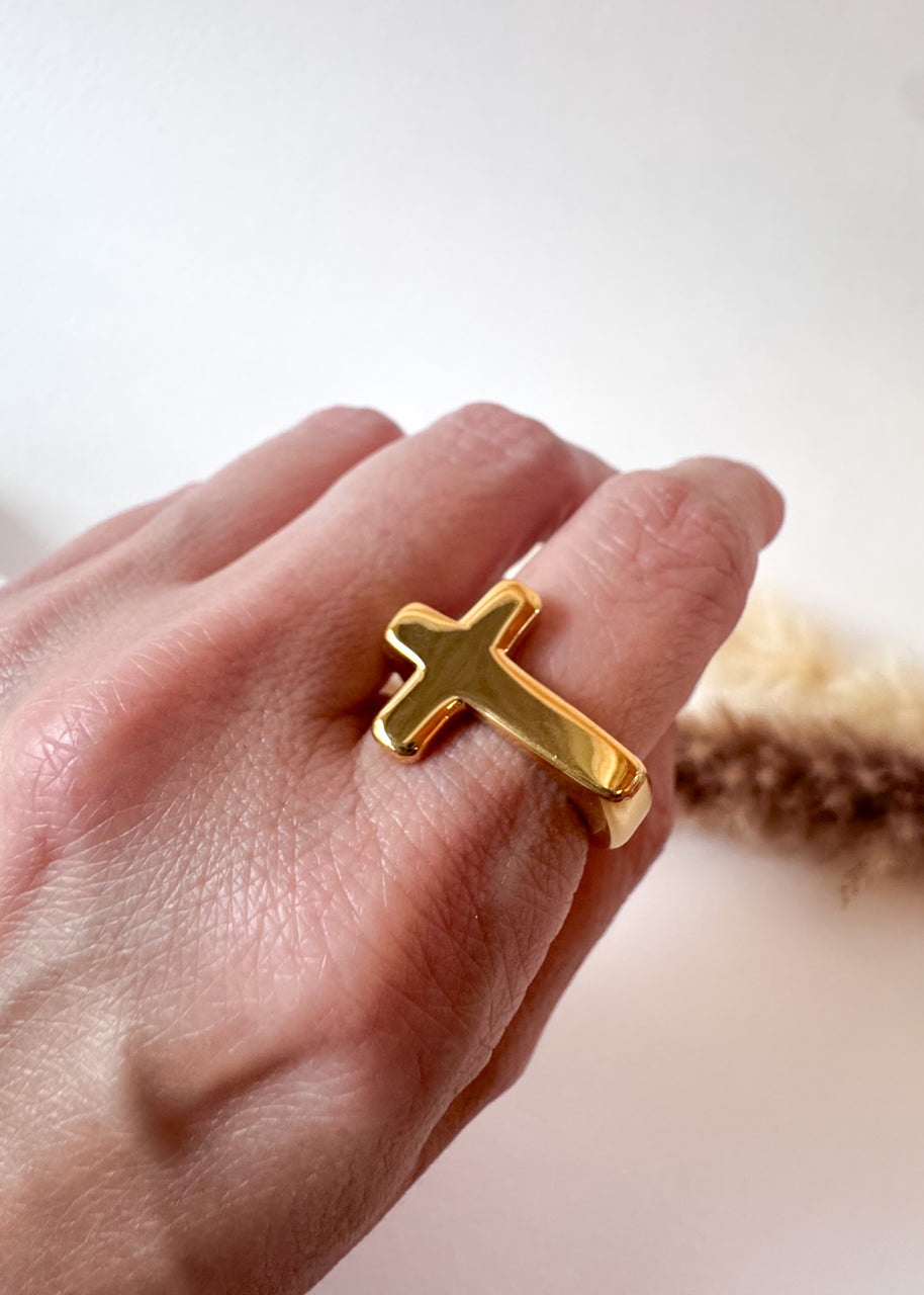 Golden Steel Cross Shape Ring