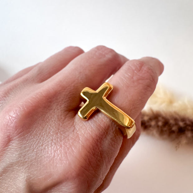 Golden Steel Cross Shape Ring
