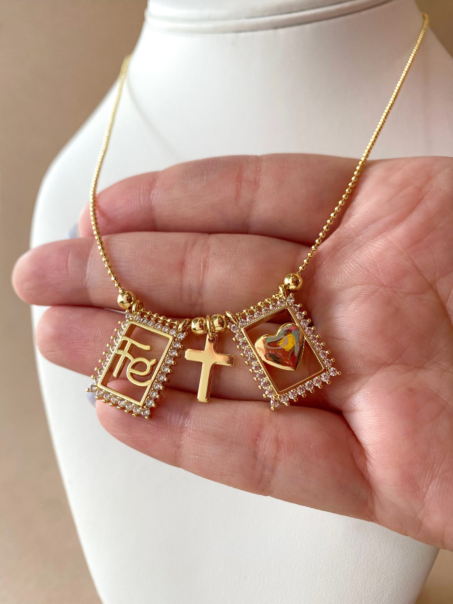 Golden Crystal Faith, Cross & Heart Scapular Necklace
