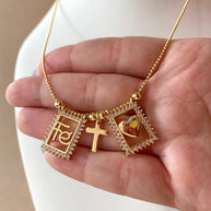 Golden Crystal Faith, Cross & Heart Scapular Necklace