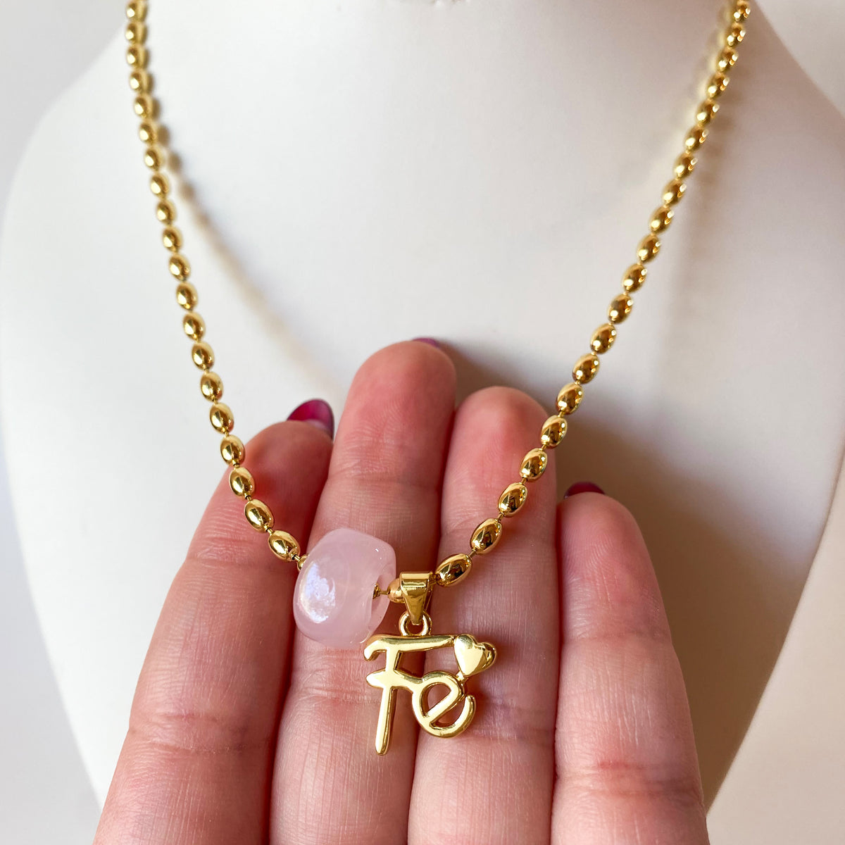 Pink Turkish Stone and Golden Faith Necklace