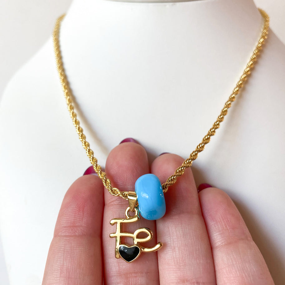 Blue Turkish Stone and Faith with Black Heart Necklace