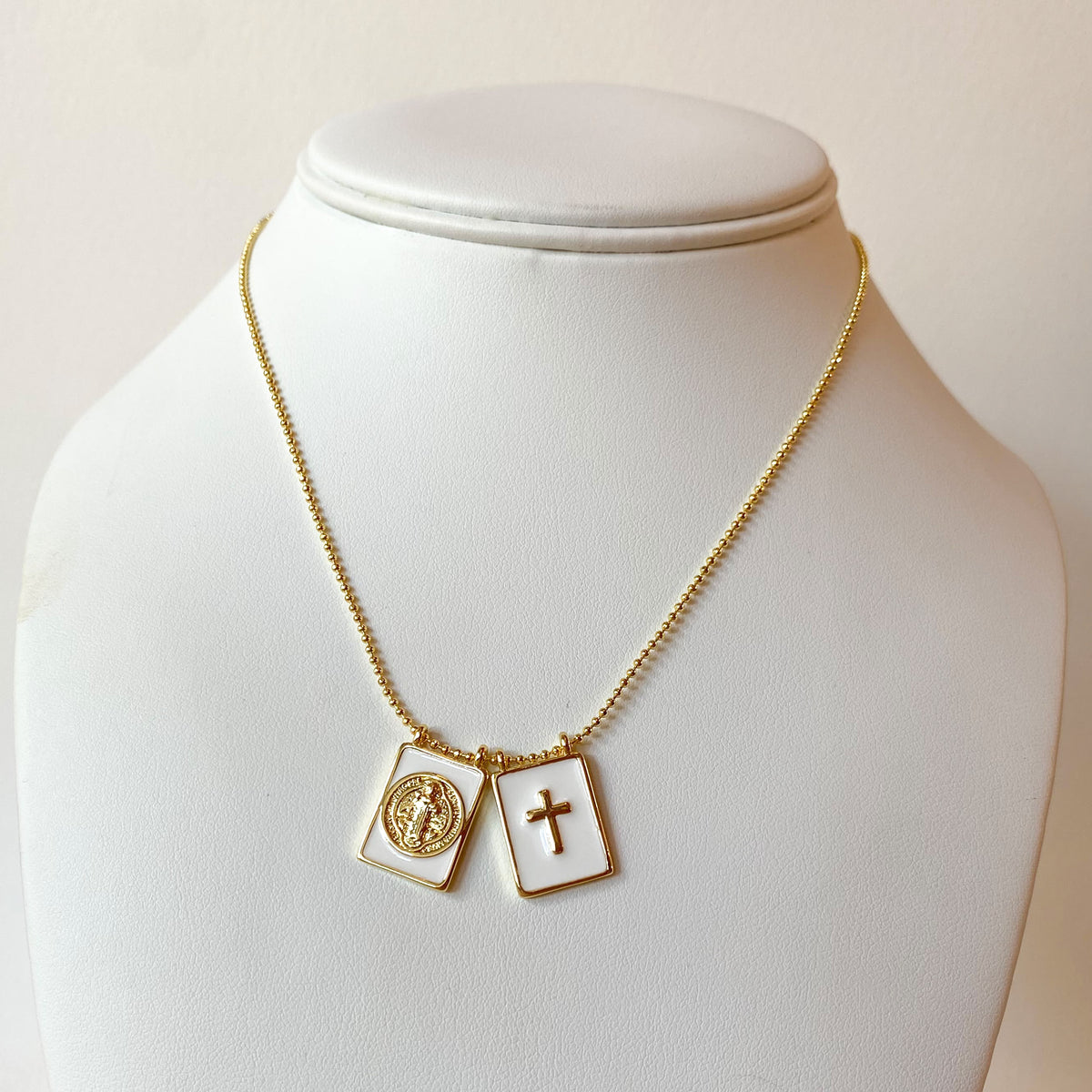St Benedict and Cross White Scapular Adjustable Necklace
