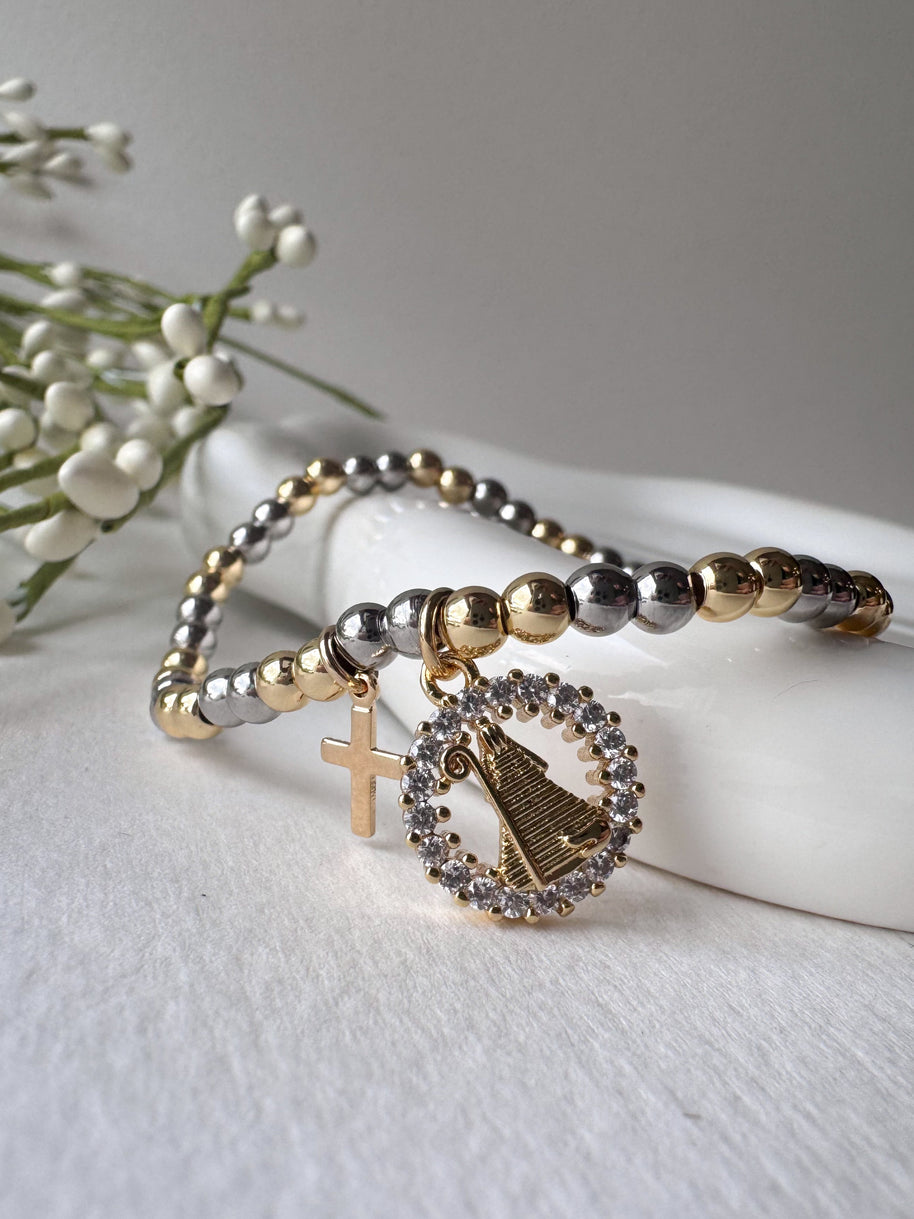 2 Gold Cross & Virgin Crystal Medal Elastic Bracelet