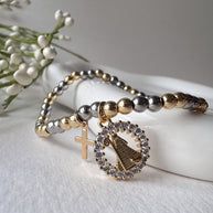 2 Gold Cross & Virgin Crystal Medal Elastic Bracelet