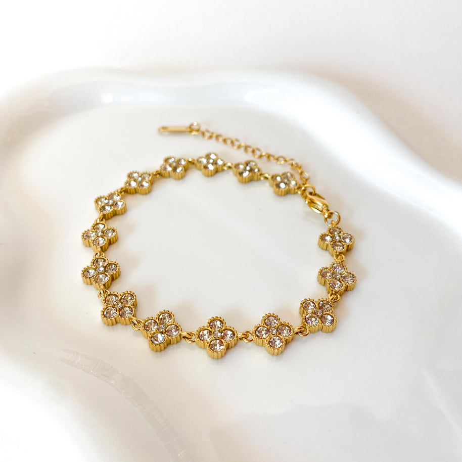 Shiny Zircon Clear Clovers Steel Bracelet