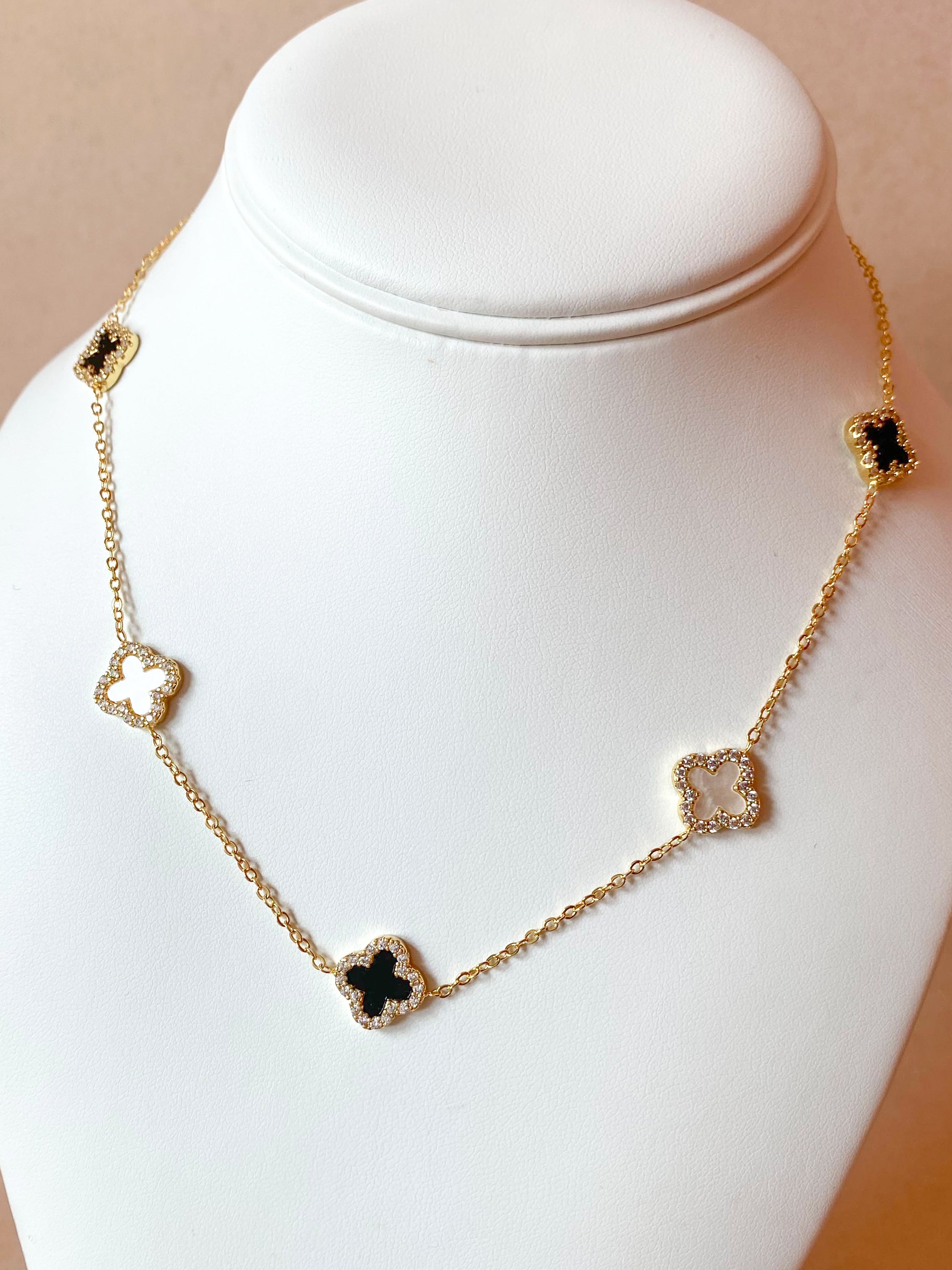 Black and White Clovers Pattern Necklace