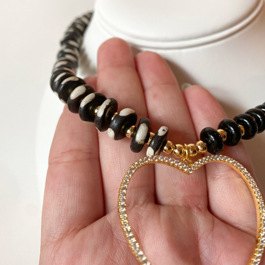 Black Disc Beaded Big Heart Necklace